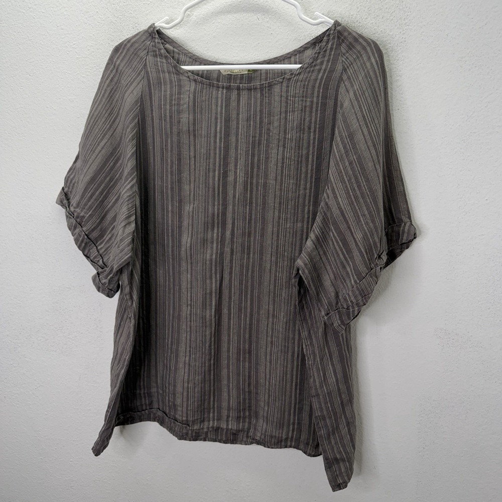 Chalet Et Ceci Womens L Oversized Boxy Top Striped Lagenlook 100% Linen Brown